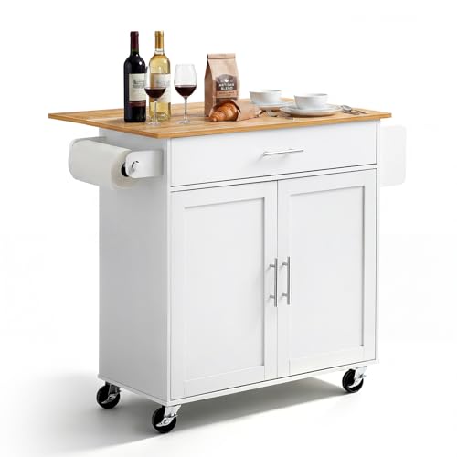 VEVOR Kitchen Island Cart with Storage, 42.28 in Wide Mobile Rolling Storage Island on Swivel Wheels, with Drawer, Storage Cabinet, Drop Leaf, Spice Rack, Table for Home Dining Room, White