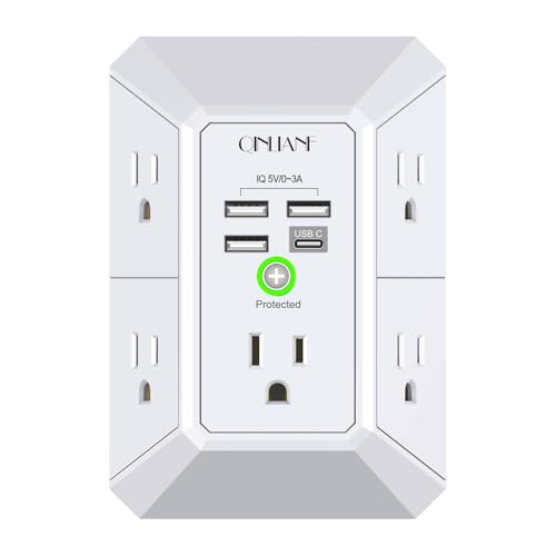 Wall Charger, Surge Protector, QINLIANF 5 Outlet Extender with 4 USB Charging Ports, 3-Sided 1680J Power Strip Multi Plug Adapter Spaced for Home Travel Office
