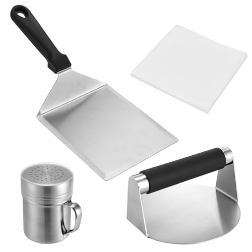 Smashed Burger Press Kit with Large Metal Spatula, Stainless Steel Press, Seasoning Shaker & Hamburger Patty Papers - Perfect for Griddles, Skillets, Smash Burgers Turner, Pancake Flipper Turner