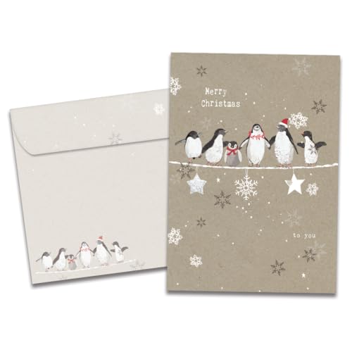 Tree-Free Greetings Holiday Greeting Cards, Penguin Merry Christmas, Vintage Brown Recycled Paper, Boxed Note Card Set, 10-Pack (HB93309)