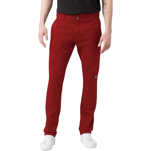 Dickies Men's Skinny Straight Double Knee Work Pants - Durable, Slim Fit, Industrial Uniform & Workwear,English Red, 28W x 30L
