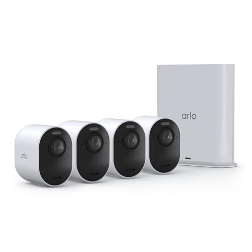 Arlo Ultra Security Camera 4K HDR (3rd Gen, 2025 Release) + SmartHub, Battery Power, Emergency Response, AI Captions, 1-Month Trial of Secure Plan, 180° Field of View, 4 Cam, White, Indoor/Outdoor