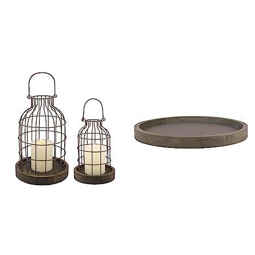 Stonebriar Large Wood and Metal Decorative Tray + Set of 2 Wire Metal Cloches