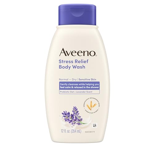 Aveeno Stress Relief Body Wash with Prebiotic Oat & Lavender Scent for Sensitive Skin, Gently Cleanses & Helps You Feel Calm & Relaxed in the Shower, Soap-Free, Paraben-Free, 12 fl. oz