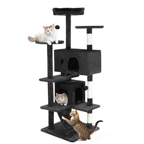 FDW Cat Tree 54in Cat Tower Multi-Level Durable Cat Scratching Post & Cozy Fun Cat Jumping Platform Space Saving Cat Condo Pet Play House for Indoor Cats,Grey