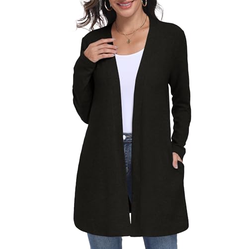 Lepunuo Cardigan Sweaters for Women Long Sleeve Lightweight Open Front Knit Cardigans Casual Loose Sweater with Pockets A - Black
