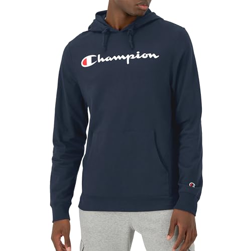 Champion Men's Pullover T-Shirt Hoodie, Standard Fit, Midweight, Script Logo, Navy - Classic Script Logo, Small