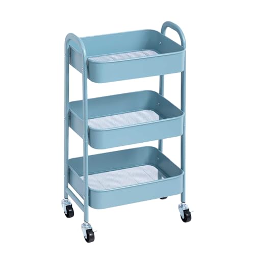 AGTEK 3 Tier Utility Rolling Cart with Lockable Wheels, Metal Multifunctional Storage, Organizer Cart for Kitchen, Office, Living Room, Makeup, Craft, Art Studio, Light Blue