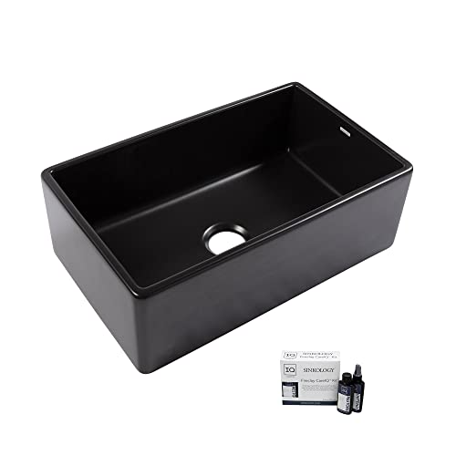 Austen Farmhouse Fireclay 30 in. Single Bowl Kitchen Sink in Summer Night Matte Black and Fireclay Care IQ Kit