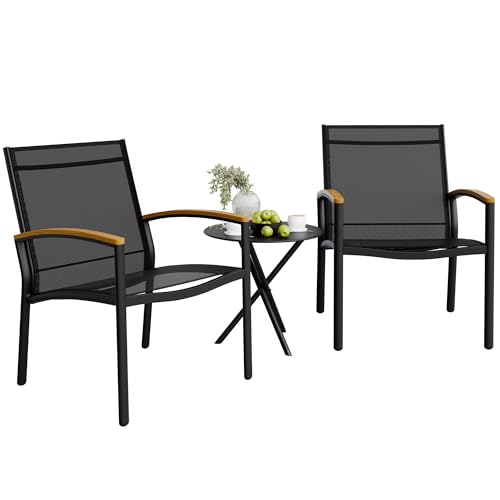 Shintenchi 3 Pieces Patio Bistro Sets, Outdoor Textilene Fabric Conversation Bistro Set, Textilene Fabric Front Porch Chairs Small Patio Furniture Set with Table for Lawn,Garden,Balcony (Black)