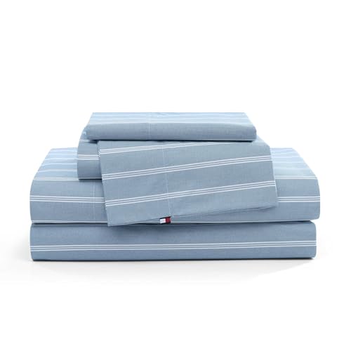 Tommy Hilfiger - Twin Bed Sheets, Crisp & Cool Cotton Percale Bedding with Matching Pillowcase, Lightweight Bed Set, Dorm Essentials, Oeko-Tex Certified (Effortless Stripe Blue)