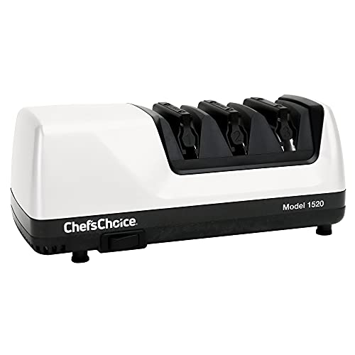 Chef’s Choice Professional Electric Knife Sharpeners for 15- and 20-Degree Straight-Edge and Serrated Knives with Diamond Abrasives & Precision Angle Control, 3-Stage, White