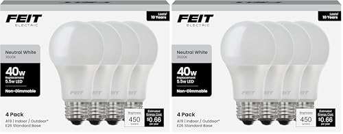 Feit Electric A19 LED Light Bulb, 40-Watt Equivalent,3500K White,E26 Base,450 Lumens,11,000-Hr Lifespan,General-Purpose Residential or Commercial Applications,A450/835/10KLED/4,4 Count (Pack of 2)