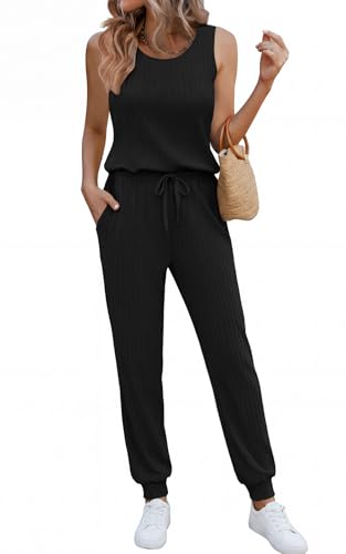 Ekouaer Jumpsuits for Women Casual Summer Sleeveless 2026 Ribbed One Piece Romper Dressy Vacation Clothes Travel Outfits Black M