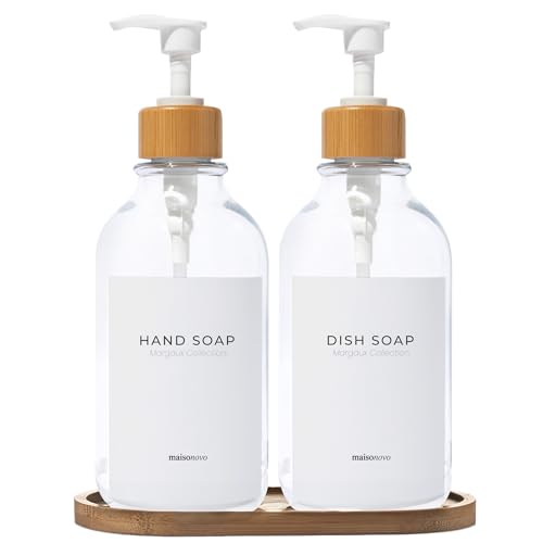 MaisoNovo Hand and Dish Soap Dispenser for Kitchen Set of 2-16.9oz Clear Dish and Hand Soap Dispenser Set for Kitchen - Clear Plastic Bottles x 2 with White Bamboo Pumps & Tray