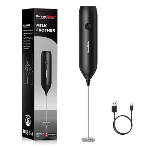 Bonsenkitchen Rechargeable Milk Frother Handheld, Electric Foam Maker with Stainless Steel Whisk, Charging USB-C, Portable Hand Wand Drink Mixer for Coffee Matcha Lattes Cappuccino, Kitchen Gifts