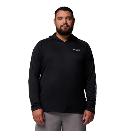 Columbia Mens PFG Terminal Tackle Long Sleeve Fishing Hoodie, Black/Cool Grey Logo, 2X Tall