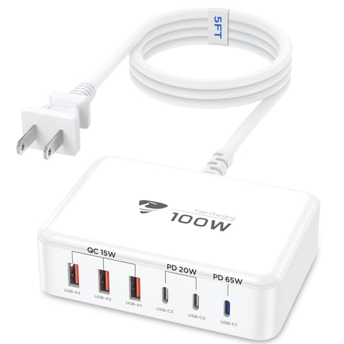 100W USB C Fast Charger Station 6 Ports (One Port 65W Max) Charging Block for Multiple Devices USB Wall Plug Charger Block for iPhone, iPad, Samsung, MacBook, Tablet, Laptop, 5FT Cord