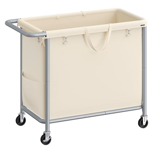SONGMICS Laundry Basket with Wheels, Rolling Laundry Hamper, 47.5 Gallons (180 L), Removable Liner, Steel Frame with Handle, 31.5 x 15.4 x 31.9 Inches, Cream White URLS011W01