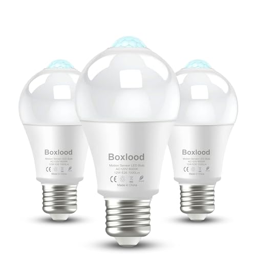 Boxlood Motion Sensor Light Bulbs for Outdoor Indoor,12W(100W Equivalent) A19 E26 6000K Daylight Motion Activated Dusk to Dawn Outdoor Light Bulb for Front Door Porch Garage Basement Hallway, 3 Pack