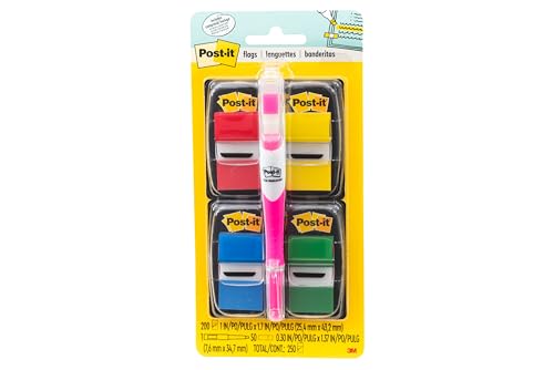 Post-it Flags Value Pack, 50/Dispenser, 4 Dispensers/Pack, 1 in Wide, Assorted Colors, Includes Free Flags + Highlighter