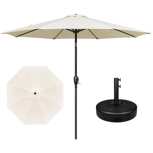 YSSOA 9' Patio Umbrella with 50lbs 20" Capacity Fillable Heavy Duty Round Base, 8 Sturdy Ribs, for Outdoor Lawn, Deck, Poolside, Cream and Black