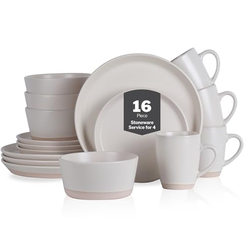 Stone Lain Jules Stoneware 16-Piece Dinnerware Set, Plates and Bowls, Service for 4, Off White, Microwave & Dishwasher Safe