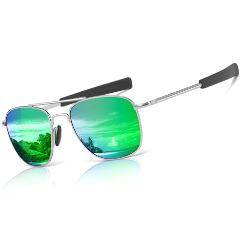 SUNGAIT Men's Military Style Polarized Pilot Aviator Sunglasses Bayonet Temples (Silver Frame/Green Mirrored Lens)