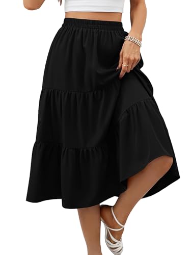 Lyrur Skirts for Women Elastic Waist Aline Tiered Ruffle Casual Beach Summer Midi Black Skirt with Pockets(S,9193-Black)