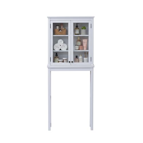 Alaterre Furniture Dorset Over-The-Toilet Storage Cabinet with Tempered Glass Doors – White Wood Bathroom Space Saver Organizer with Adjustable Shelves, Hutch & Wall Mount Hardware