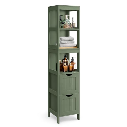 VASAGLE Storage Cabinet, Storage Organizer Rack Stand for Bathroom, Living Room, Bedroom, Multifunctional Corner Unit, 2 Drawers, 55.7 Inches in Height, Forest Green UBBC066C01