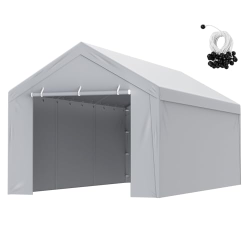 VEVOR Carport Replacement Canopy Cover Top + Side Wall 10 x 20 ft, Garage Tent Shelter Tarp Heavy-Duty Waterproof & UV Protected, Easy Installation with Ball Bungees,Grey (Frame Not Included)