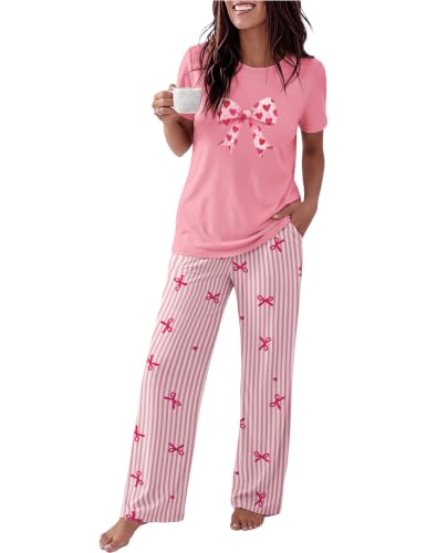 Ekouaer Womens Pajamas Sets 2 Piece Short Sleeve Lounge Set Printed Loose Pants Round Neck Pj Sets Loungewear Pink Stripe Bows Medium