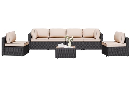 Shintenchi 7 Pieces Outdoor Patio Sectional Sofa Couch, Wicker Furniture Conversation Sets with Washable Cushions & Glass Coffee Table for Garden, Poolside, Backyard (Khaki)