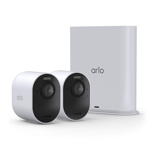 Arlo Ultra Security Camera 4K HDR (3rd Gen, 2025 Release) + SmartHub, Battery Power, Emergency Response, AI Event Captions, 1-Month Trial of Secure Plan, 180° Field of View, 2 Cam, White