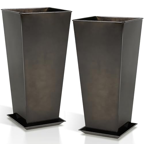 Worth Garden 28" Large Metal Glazed Planter Set of 2, Luxurious Glossy Finish Black Tall Square Tapered Steel Plant Pots, Decor Flower Pot Indoor & Outdoor, Drainage Hole & Dual-Purpose Plant Saucer