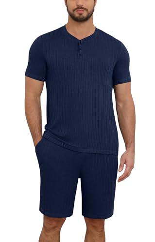 NITAGUT Men’s Summer Pajama Set Lightweight Loungewear Short Sleeve Henley Top & Sleep Shorts 2 Piece Stretch Lounge Set with Pockets,Navy Blue M
