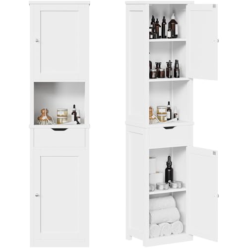 Shintenchi Tall Bathroom Storage Cabinet, Slim Corner Floor Cabinet with Doors and Drawer, Freestanding Narrow Bathroom Organizer with Adjustable Shelves for Small Space, White