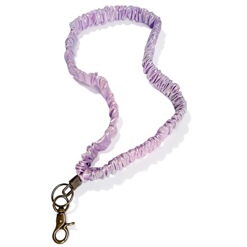 PAZLOG Teacher Scrunchie Lanyards for ID Badges Keys Holographic Colorful Cute Neck Stretchy Lanyards Retractable Keychain Wallet Holder for Women Ladies Purple