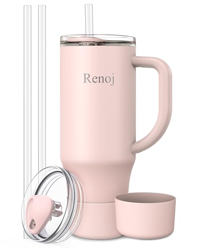 Renoj Insulated Mug 100% Spill Resistant Insulated Water Bottle for Iced Coffee & Hot Drinks - Fits Car Cup Holder, Ideal Gift, 2 Straws & Silicone Boot - FlexSlide Light Pink 32 oz