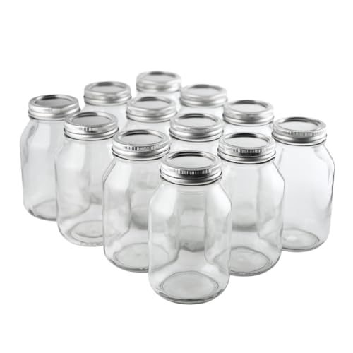 FastRack 32 oz Regular Mouth Mason Jars with Lids – Pack of 12 Quart Canning Jars | Empty, Reusable Airtight Large Glass Mason Jar for Food Storage, Pickling, Fermentation, Kombucha Brewing & Crafts
