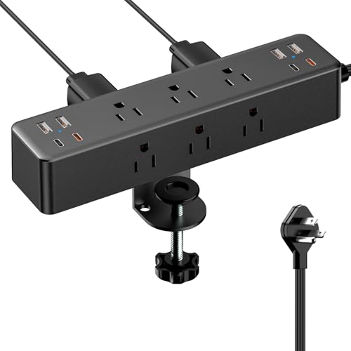 Flat Plug Desk Clamp Power Strip 10FT, 40W Total Fast Charging Station, Dual PD 20W USB C Ports, Desk Edge Mount Power Strip 9 AC Outlets 8 USB Ports(4 USB C) Surge Protector, Fit 1.7" Tabletop Edge