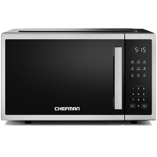 Chefman Countertop Microwave Oven 0.9 Cu. Ft., 1000 Watts with 10 Power Levels, 3 Cooking Presets with One-Touch Express Cook, 2 Defrost Settings, Child Safety Lock, & Mute Button – Stainless Steel