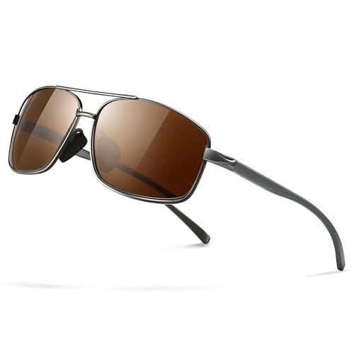 SUNGAIT Ultra Lightweight Rectangular Polarized Sunglasses Men UV400 Protection (Gunmetal Frame Brown Lens, 62) Metal Frame SGT458 QC