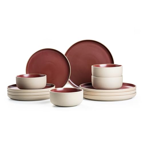 Dafuceramic 12 Pieces Dinnerware Sets,Plates and Bowls Sets,Handmade Reactive Glaze Dishes Set for 4 with at Least 10% Recycled Ceramic and the Raw Texture of the Clay (Angora Red)