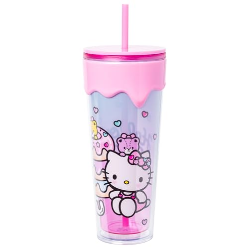 Silver Buffalo Sanrio Hello Kitty and Friends Plastic Drip Tumbler Featuring Hello Kitty, Tiny Blue, Tiny Pink, and Tiny Chum, 26 Ounces