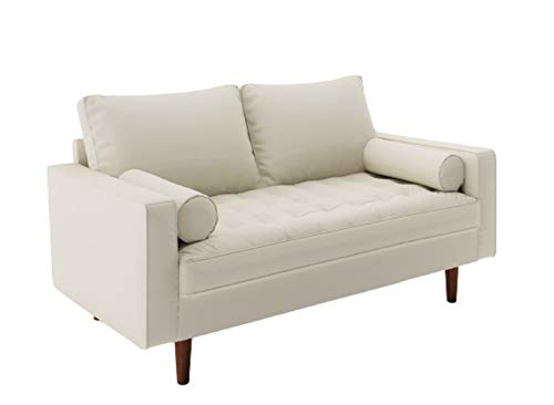 Container Furniture Direct Womble Mid Century Modern Couch with Bolster Pillows, PU Leather Upholstered Tufted Seat, Versatile Retro Design for Comfortable Living Spaces, Loveseat, Sleek White