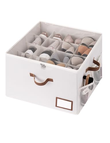 StorageWorks Shoe Organizer for Closet, Shoe Storage Bins with Clear Lid, Fabric Shoe Boxes with Side Mesh Pockets, Closet and Storage Bins for Slippers and Flats, Holds Up to 16 Pairs, Beige