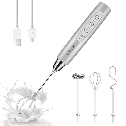 YUSWKO Rechargeable Milk Frother Handheld with 3 Heads, Silver Coffee Electric Whisk Drink Foam Mixer, Mini Hand Stirrer with 3 Speeds Adjustable for Latte, Cappuccino, Hot Chocolate, Egg
