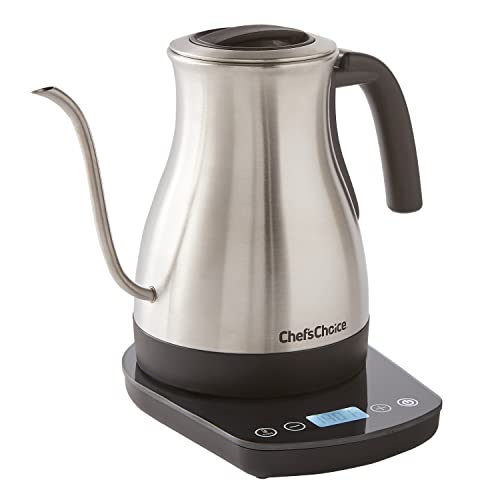 Chef'sChoice Electric Kettle Gooseneck Style Perfect for Pour-Overs Stainless Steel Construction 1200 Watts with Auto-Shutoff & Boil-Dry Protection, 1-Quart, Silver